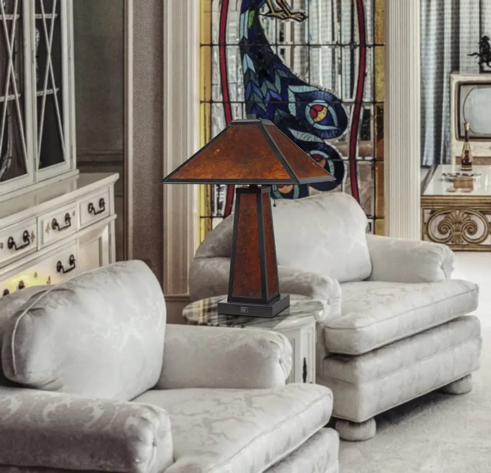 24" Burnt Orange Metal Two Light Table Lamp With Amber Square Shade HomeRoots