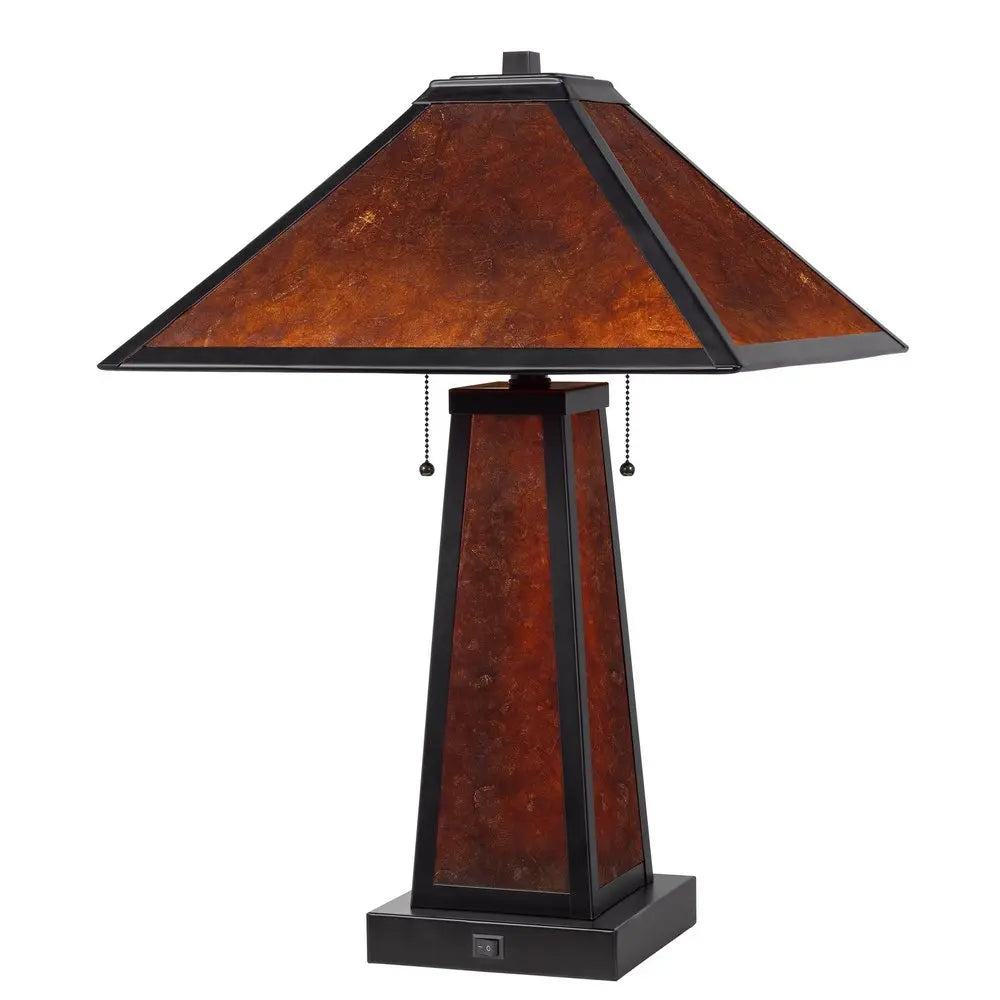 24" Burnt Orange Metal Two Light Table Lamp With Amber Square Shade HomeRoots