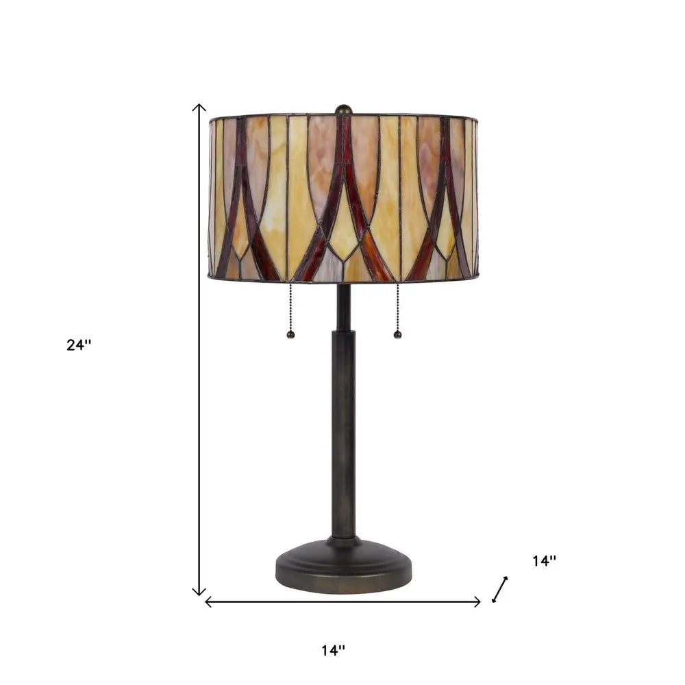 24" Bronze Metal Two Light Table Lamp With Red And Ivory Drum Shade HomeRoots