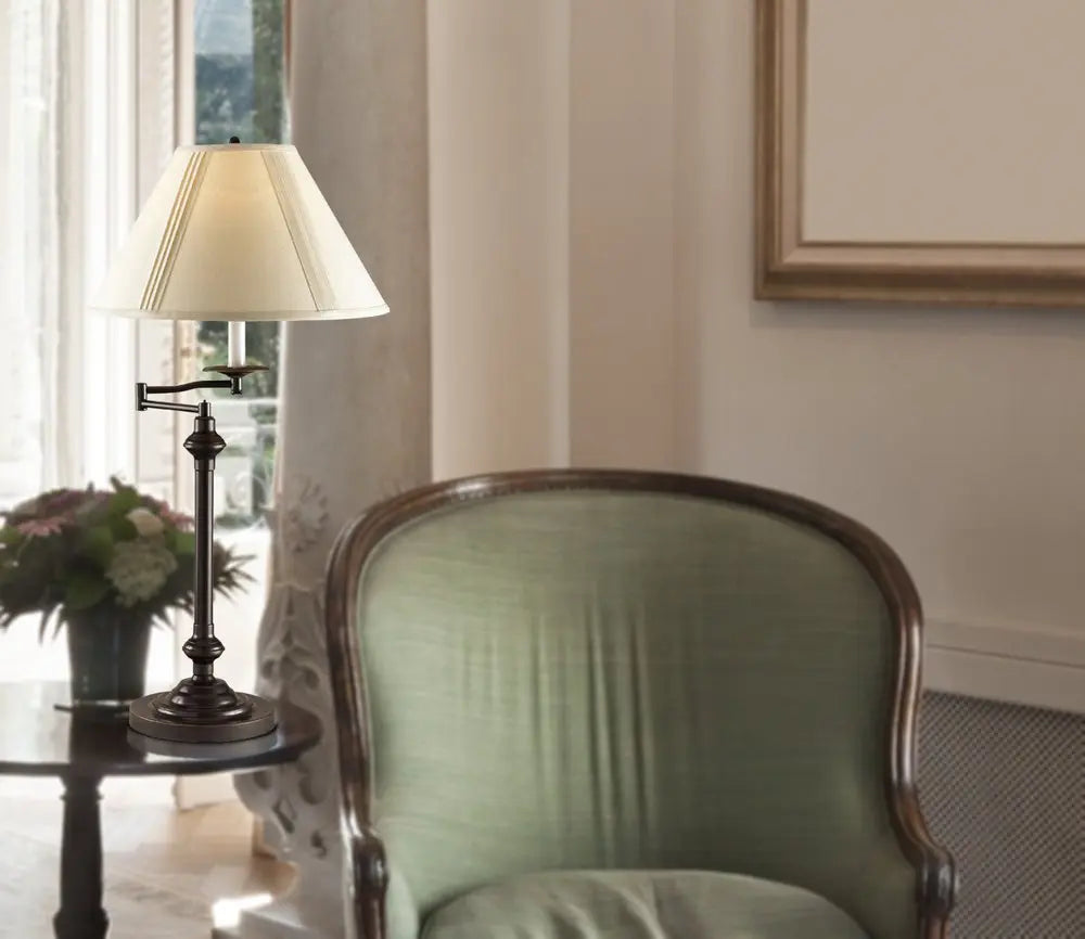 30" Antiqued Bronze Metal Swing Arm Table Lamp With Off White Empire Shade HomeRoots