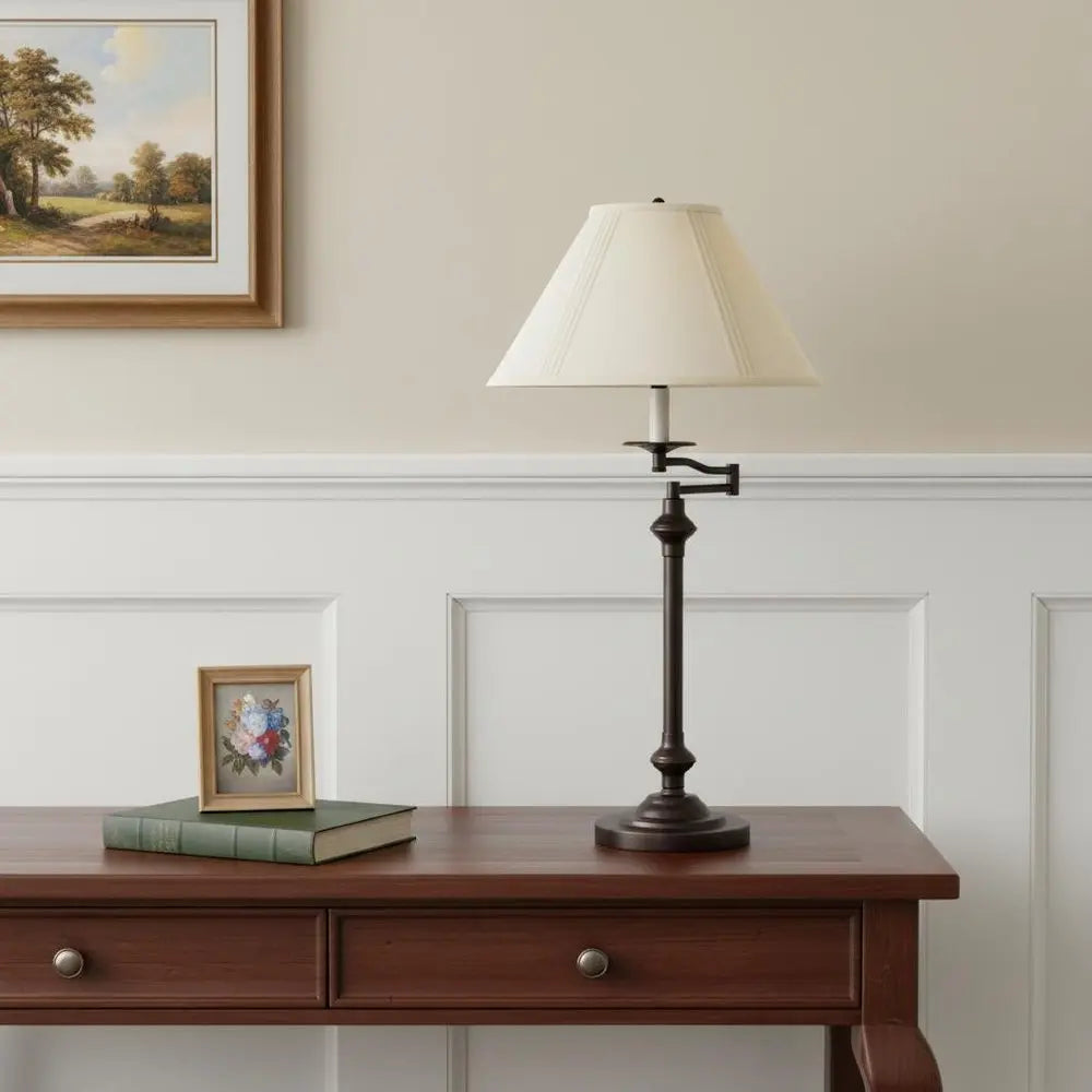 30" Antiqued Bronze Metal Swing Arm Table Lamp With Off White Empire Shade HomeRoots