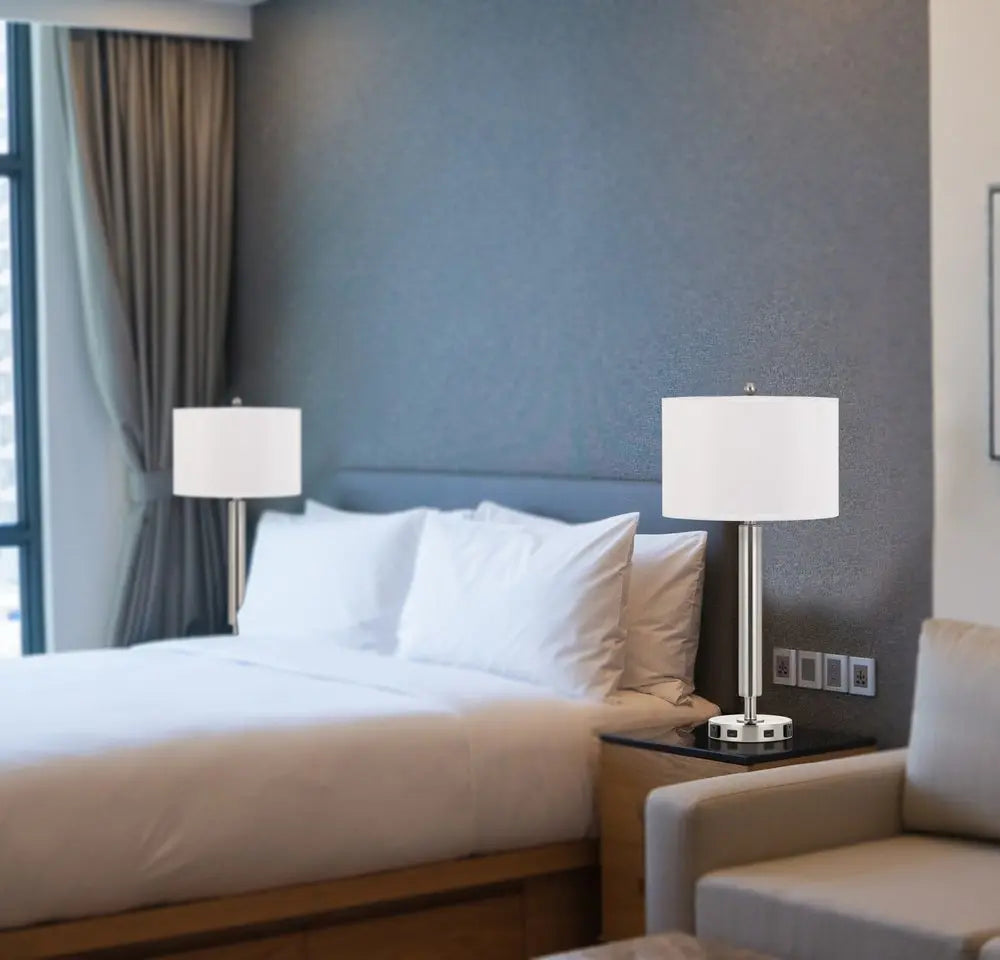 30" Nickel Metal Cylinder USB Table Lamp With White Drum Shade HomeRoots