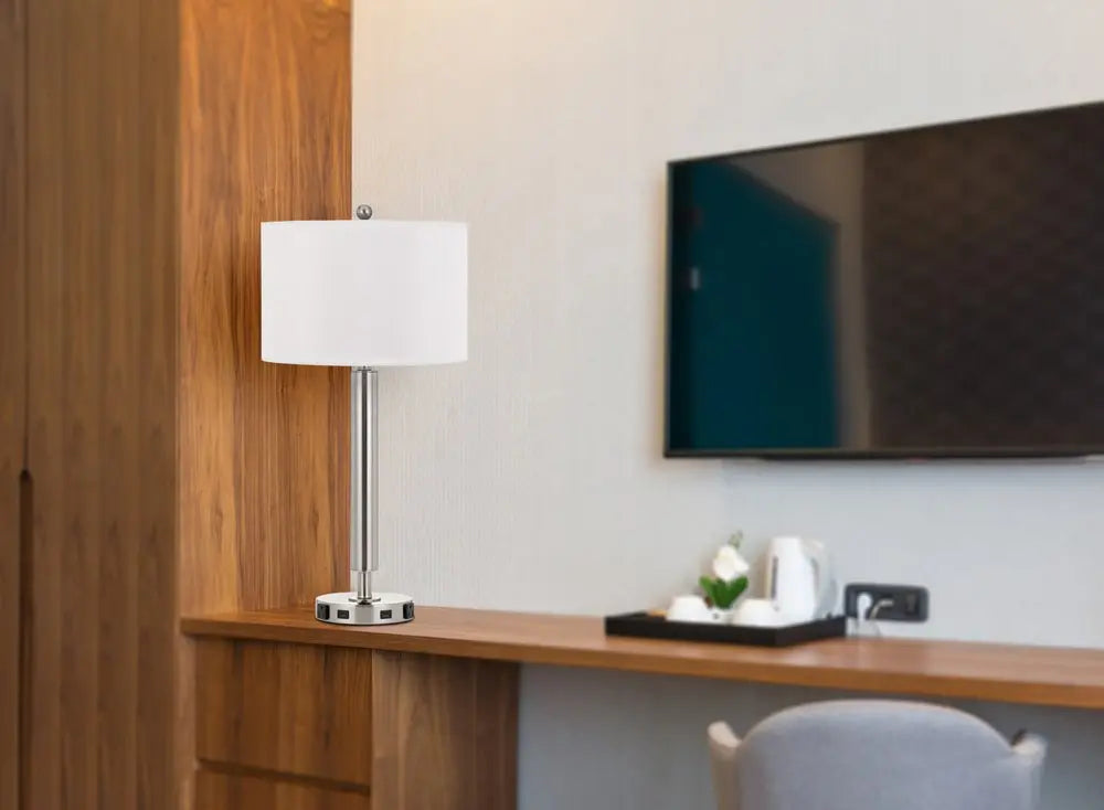 30" Nickel Metal Cylinder USB Table Lamp With White Drum Shade HomeRoots