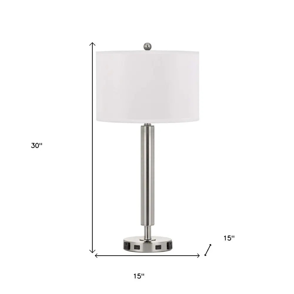 30" Nickel Metal Cylinder USB Table Lamp With White Drum Shade HomeRoots