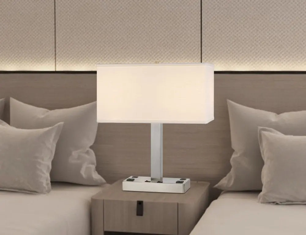 21" Nickel Metal Two Light Desk USB Table Lamp With White Shade HomeRoots