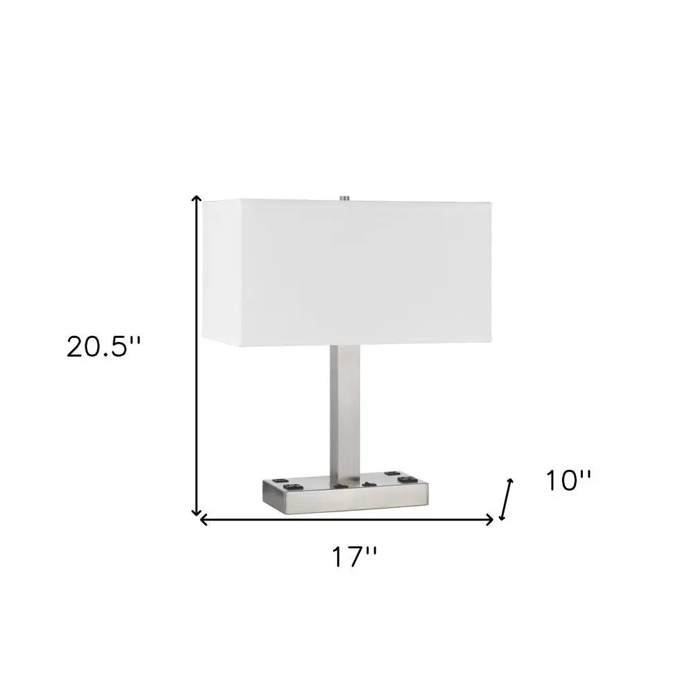 21" Nickel Metal Two Light Desk USB Table Lamp With White Shade HomeRoots