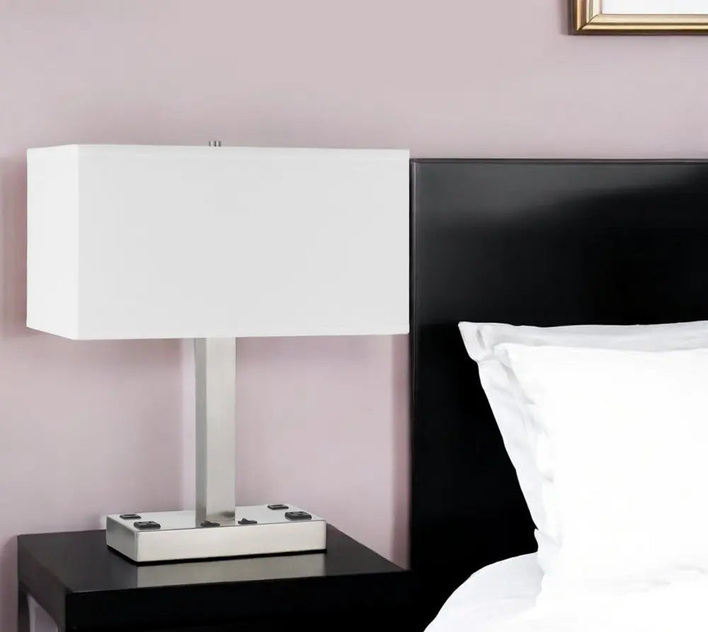 21" Nickel Metal Two Light Desk USB Table Lamp With White Shade HomeRoots