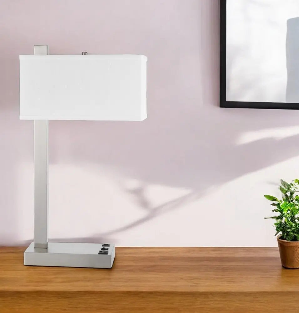 25" Nickel Metal Desk USB Table Lamp With White Shade HomeRoots