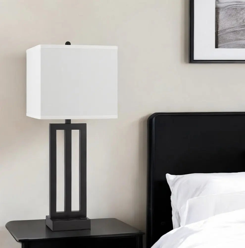 30" Black Metal USB Table Lamp With White Shade HomeRoots