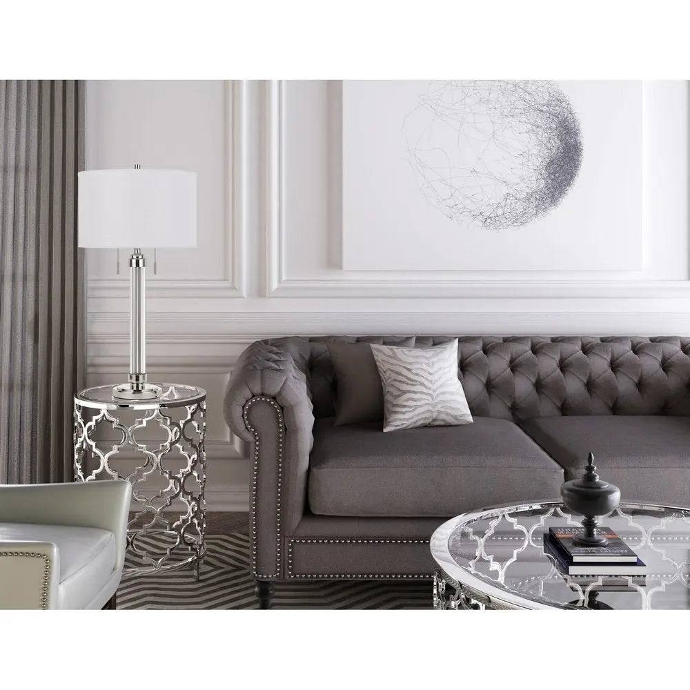 31" Silver Metallic Metal Two Light Cylinder Table Lamp With White Drum Shade HomeRoots