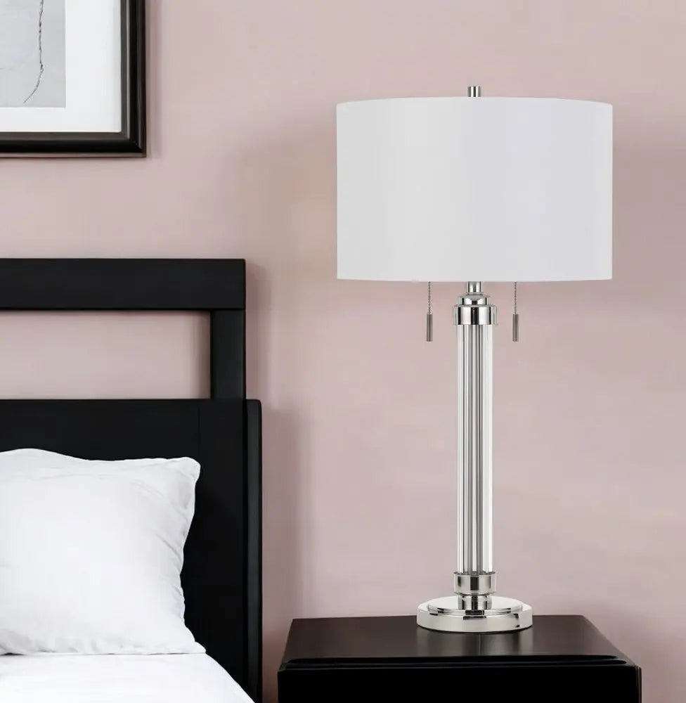 31" Silver Metallic Metal Two Light Cylinder Table Lamp With White Drum Shade HomeRoots