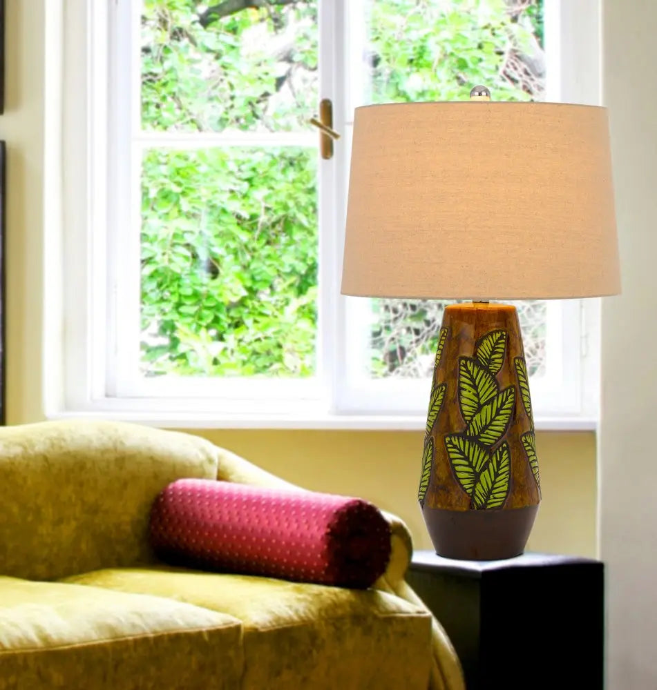 29" Brown Ceramic Cylinder Table Lamp With Tan Empire Shade HomeRoots