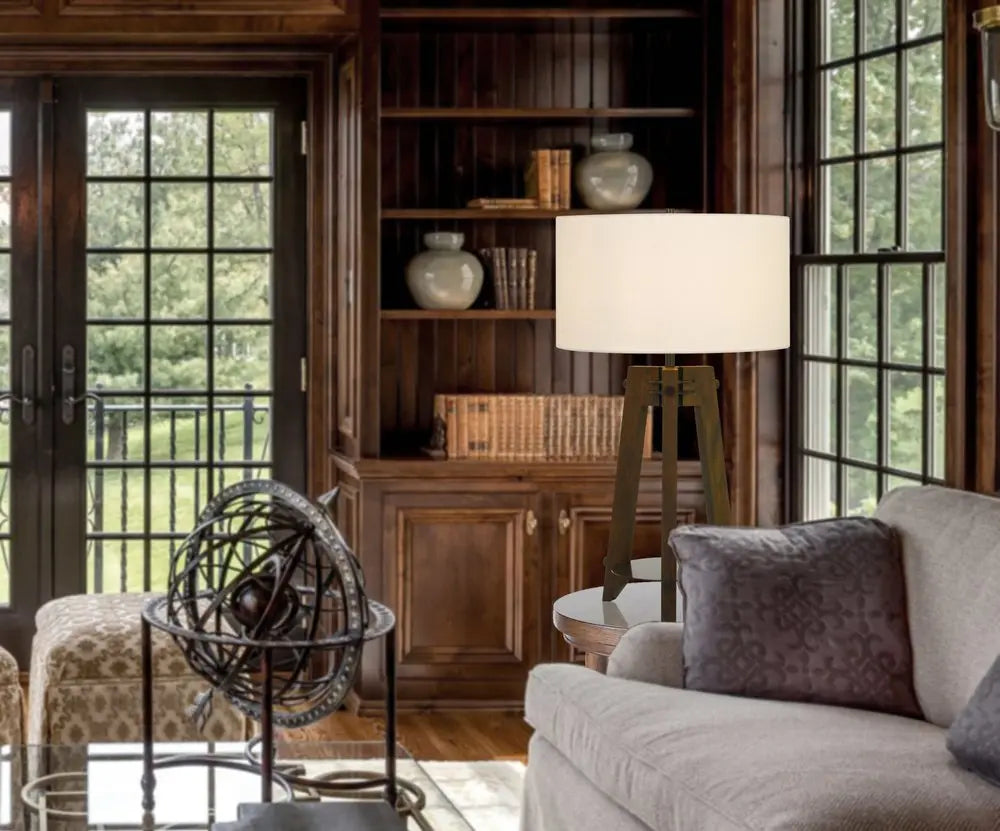 32" Brown Metal Tripod Table Lamp With Off White Drum Shade HomeRoots