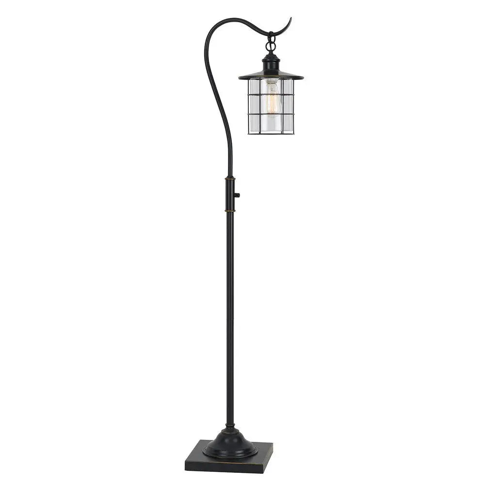 60" Antiqued Bronze Lantern Style Floor Lamp With Glass and Metal Shade HomeRoots