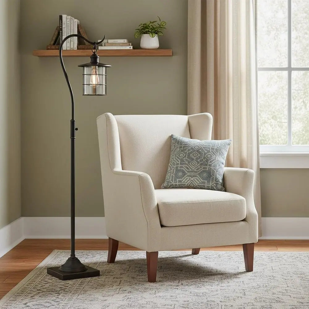 60" Antiqued Bronze Lantern Style Floor Lamp With Glass and Metal Shade HomeRoots