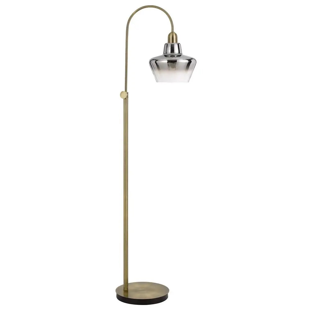 61" Brass Adjustable Arc Floor Lamp With Antiqued Brass Mirrored Glass Novelty Shade HomeRoots
