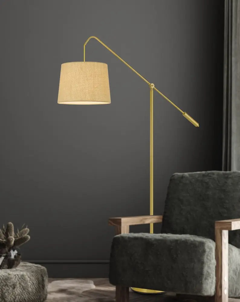 68" Brass Adjustable Traditional Shaped Floor Lamp With Antiqued Brass Drum Shade HomeRoots