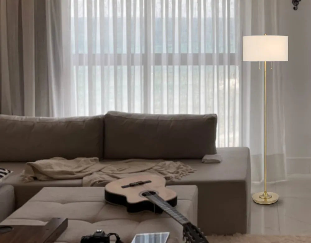 64" Brass Two Light Traditional Shaped Floor Lamp With White Rectangular Shade HomeRoots