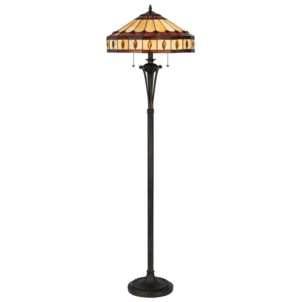 61" Bronze Two Light Traditional Shaped Floor Lamp With Purple and Ivory Abstract Tiffany Glass Empire Shade HomeRoots