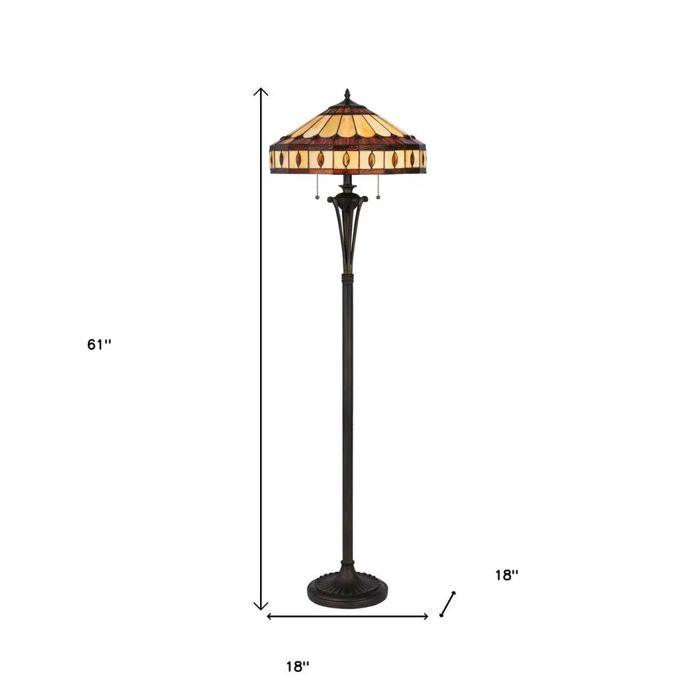 61" Bronze Two Light Traditional Shaped Floor Lamp With Purple and Ivory Abstract Tiffany Glass Empire Shade HomeRoots