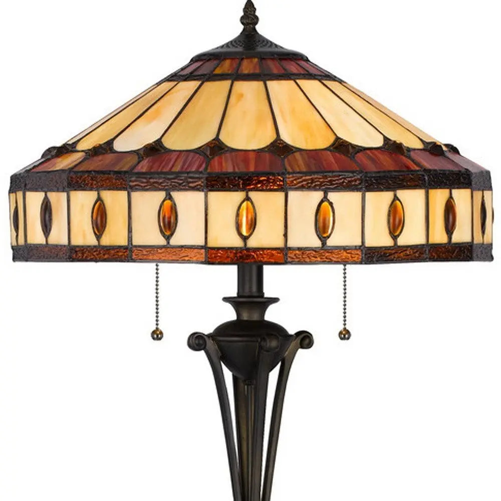 61" Bronze Two Light Traditional Shaped Floor Lamp With Purple and Ivory Abstract Tiffany Glass Empire Shade HomeRoots