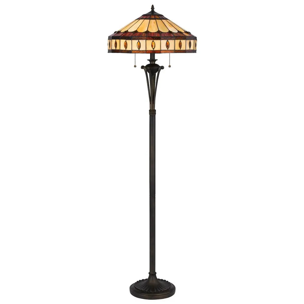 61" Bronze Two Light Traditional Shaped Floor Lamp With Purple and Ivory Abstract Tiffany Glass Empire Shade HomeRoots