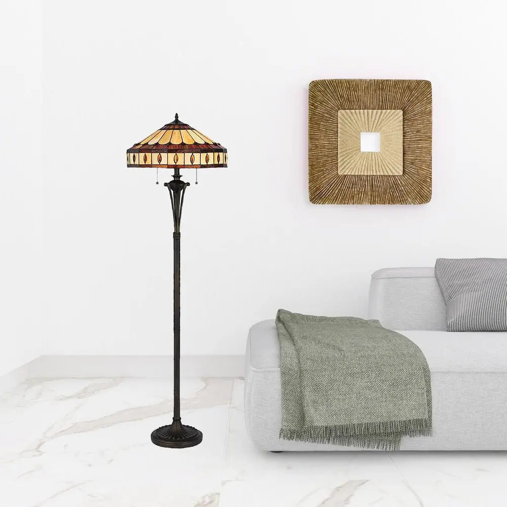 61" Bronze Two Light Traditional Shaped Floor Lamp With Purple and Ivory Abstract Tiffany Glass Empire Shade HomeRoots