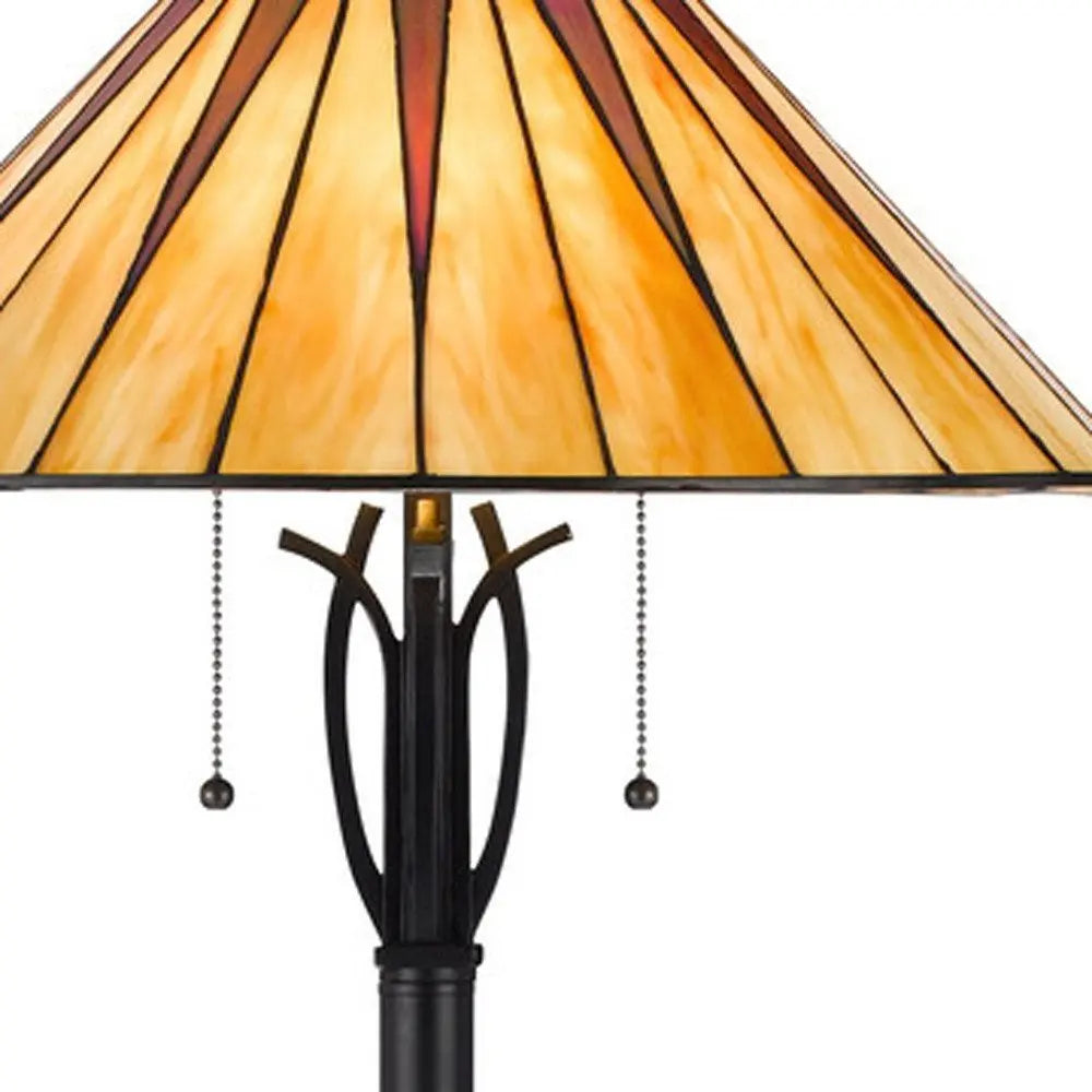 61" Bronze Two Light Traditional Shaped Floor Lamp With Red and Ivory Abstract Tiffany Glass Empire Shade HomeRoots