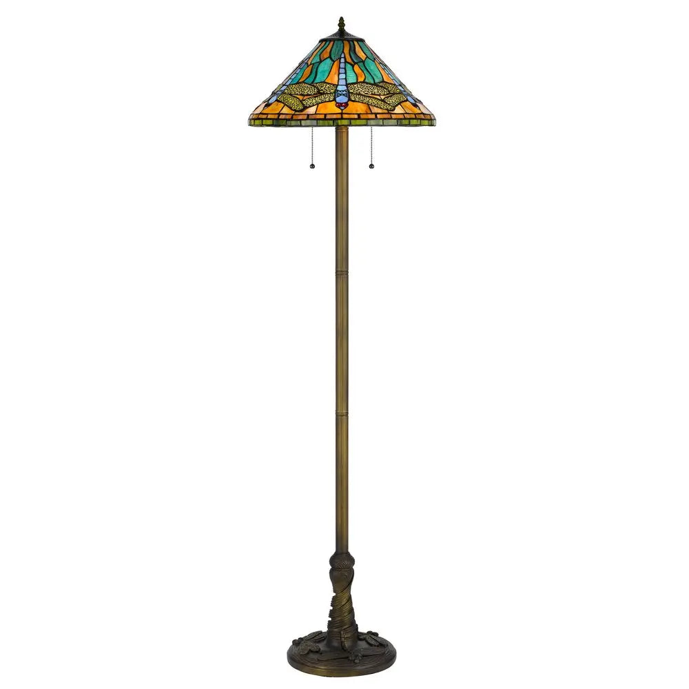 63" Brass Two Light Traditional Shaped Floor Lamp With Blue and Orange Dragonfly Tiffany Glass Empire Shade HomeRoots