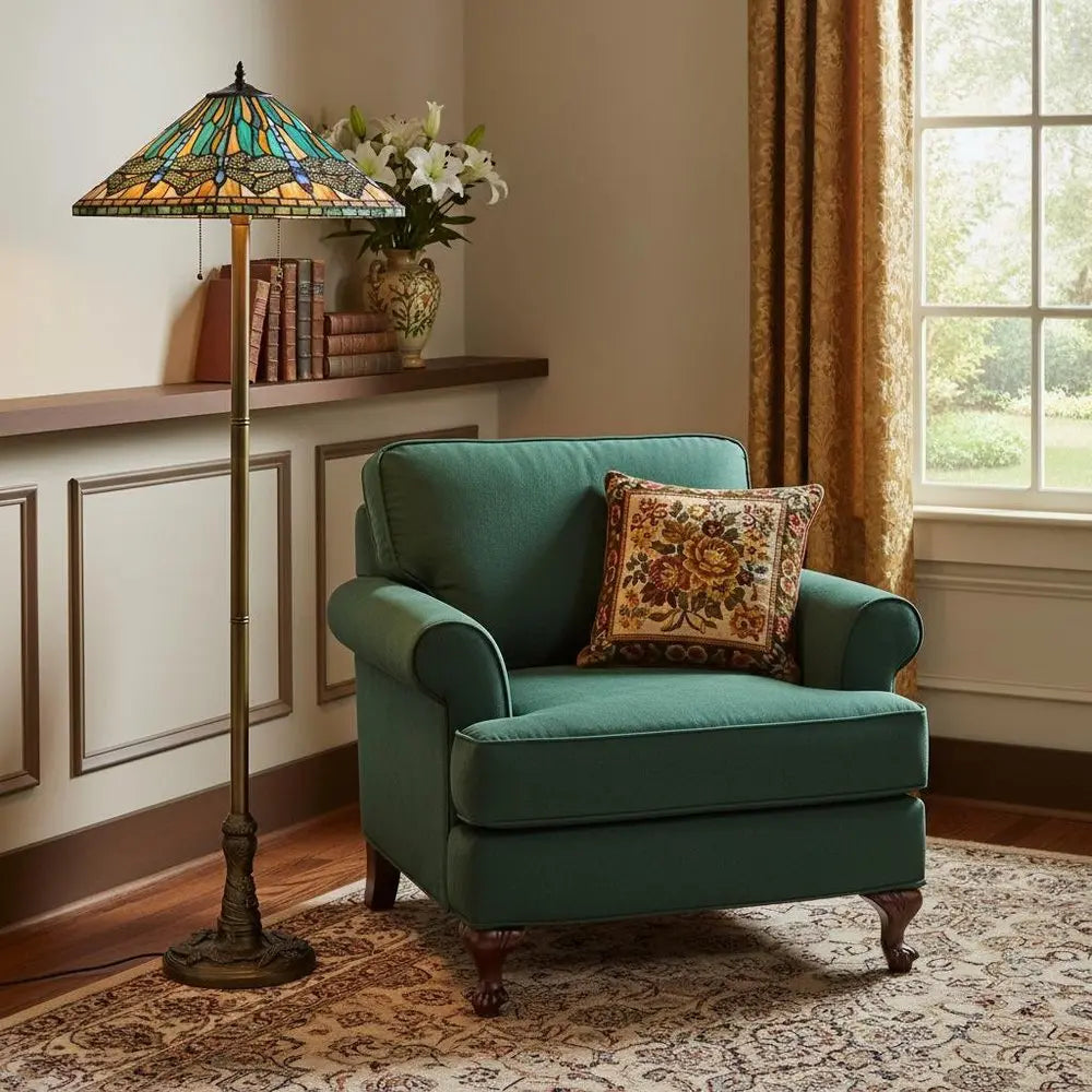 63" Brass Two Light Traditional Shaped Floor Lamp With Blue and Orange Dragonfly Tiffany Glass Empire Shade HomeRoots