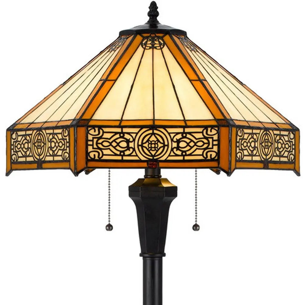 60" Bronze Two Light Traditional Shaped Floor Lamp With Orange and Ivory Abstract Tiffany Glass Empire Shade HomeRoots