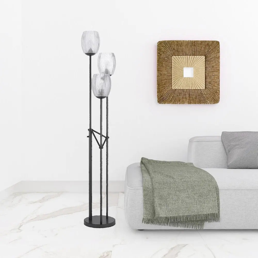 71" Black Three Light Traditional Shaped Floor Lamp With Clear Transparent Glass Novelty Shade HomeRoots