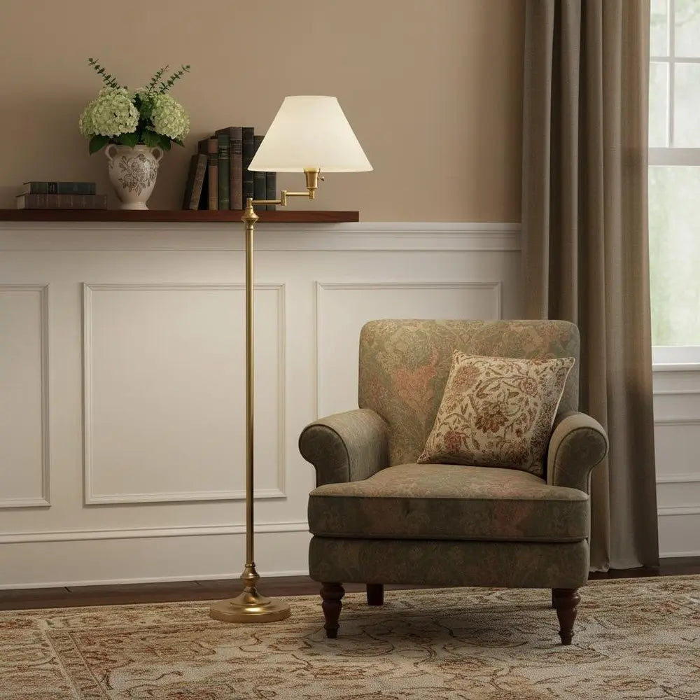 59" Bronze Metal Swing Arm Floor Lamp With Beige Fabric Empire Shade HomeRoots