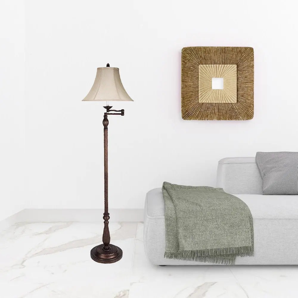 62" Rusted Swing Arm Floor Lamp With Champagne Bell Shade HomeRoots