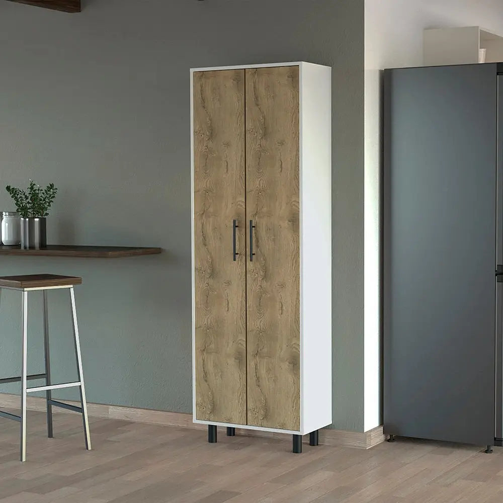 71" White and Light Brown Wood Accent Cabinet With Two Doors HomeRoots