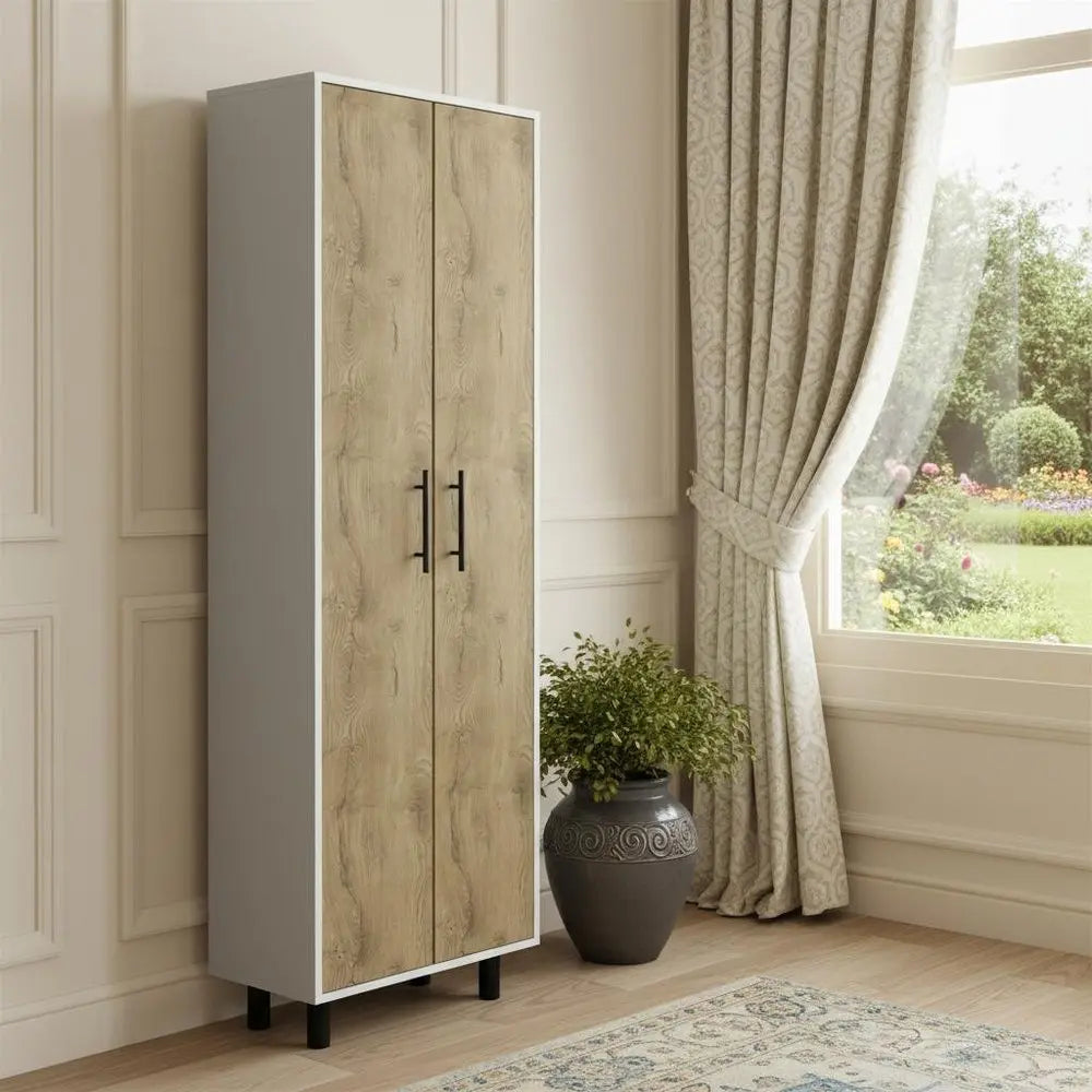 71" White and Light Brown Wood Accent Cabinet With Two Doors HomeRoots