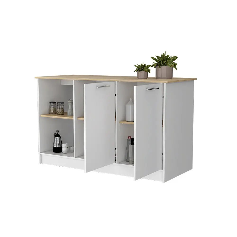 White and Oak 59" Kitchen Island With Storage HomeRoots