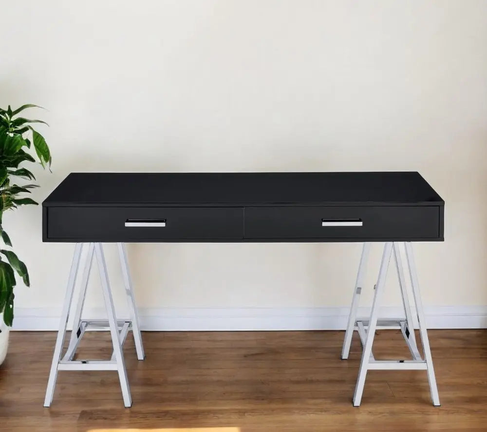 54" Black and Silver Writing Desk With Two Drawers - NOBLE HOME INTERIORS