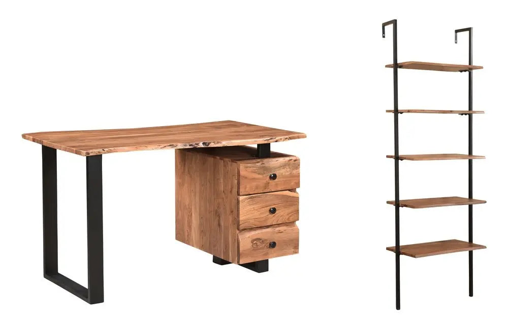 54" Brown and Black Solid Wood and Metal Wall Mounted Writing Desk and Bookshelf Set With Three Drawers - NOBLE HOME INTERIORS