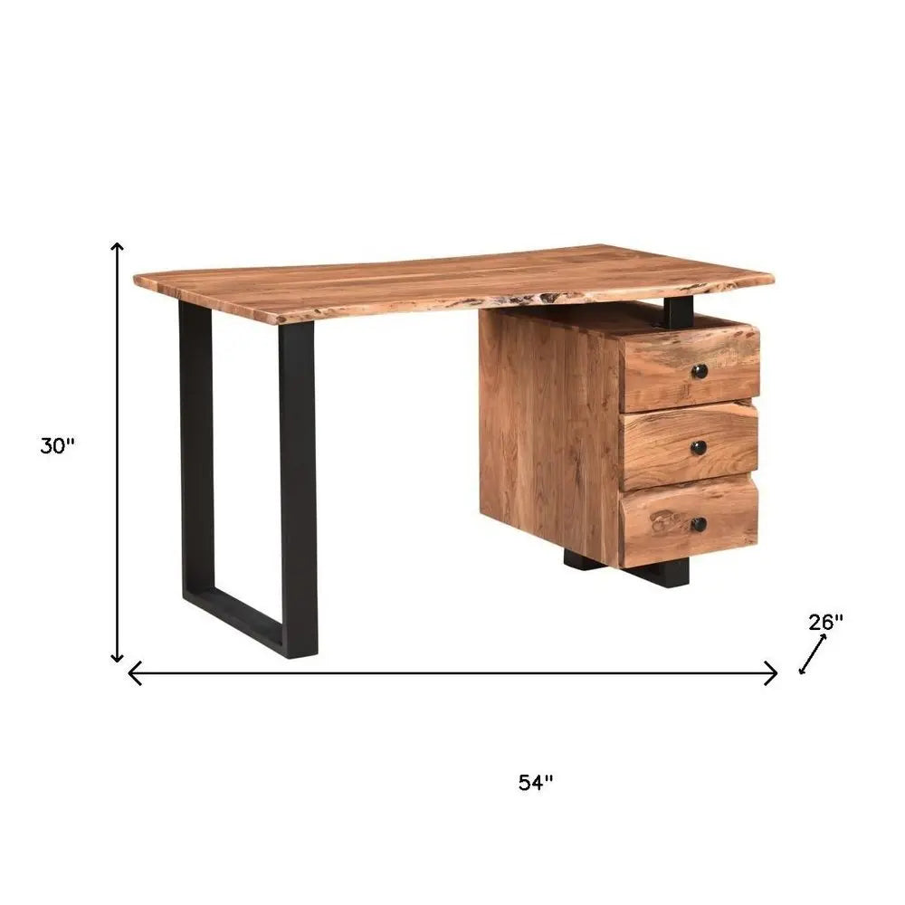 54" Brown and Black Solid Wood and Metal Wall Mounted Writing Desk and Bookshelf Set With Three Drawers - NOBLE HOME INTERIORS