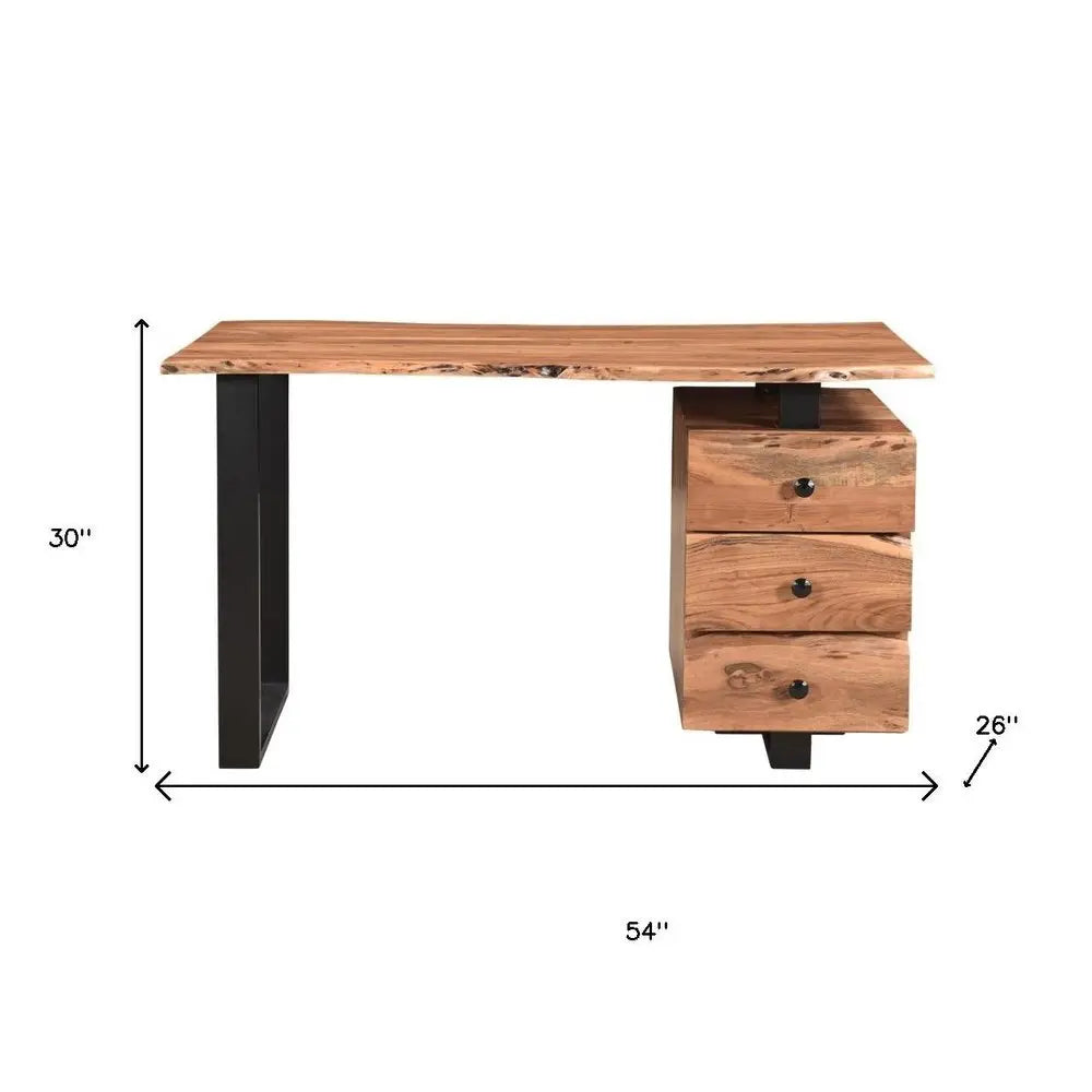 54" Brown and Black Solid Wood and Metal Writing Desk and Bookshelf Set With Three Drawers - NOBLE HOME INTERIORS