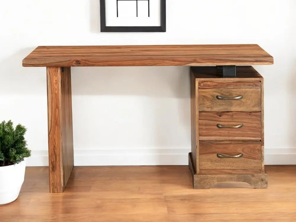 54" Brown Live Edge Solid Wood Writing Desk With Three Drawers - NOBLE HOME INTERIORS
