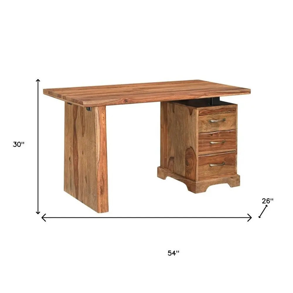 54" Brown Solid Wood Writing Desk and Bookshelf Set With Three Drawers - NOBLE HOME INTERIORS