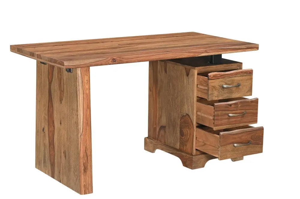 54" Brown Solid Wood Writing Desk and Bookshelf Set With Three Drawers - NOBLE HOME INTERIORS