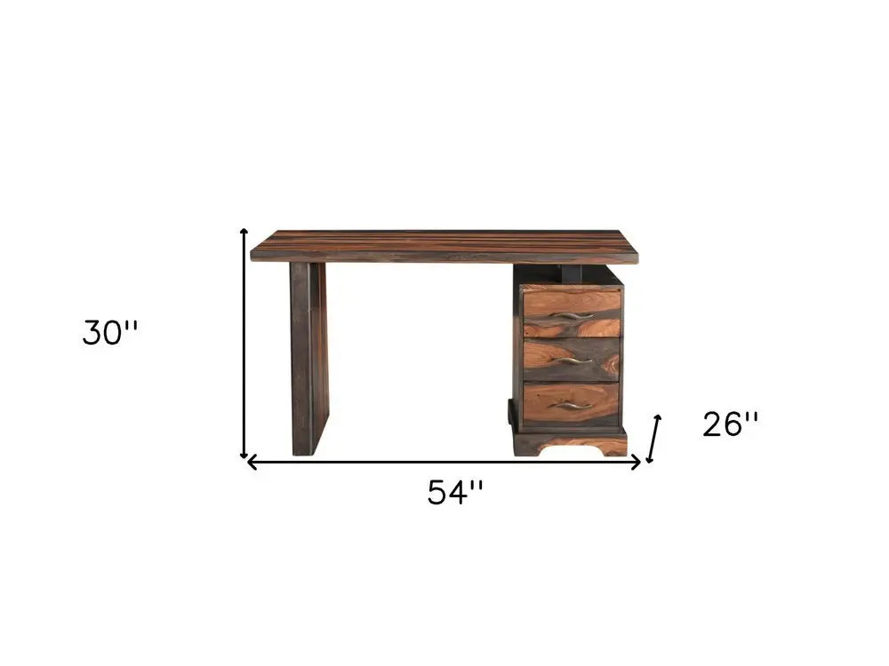 54" Dark Brown and Light Brown Solid Wood Writing Desk With Three Drawers - NOBLE HOME INTERIORS