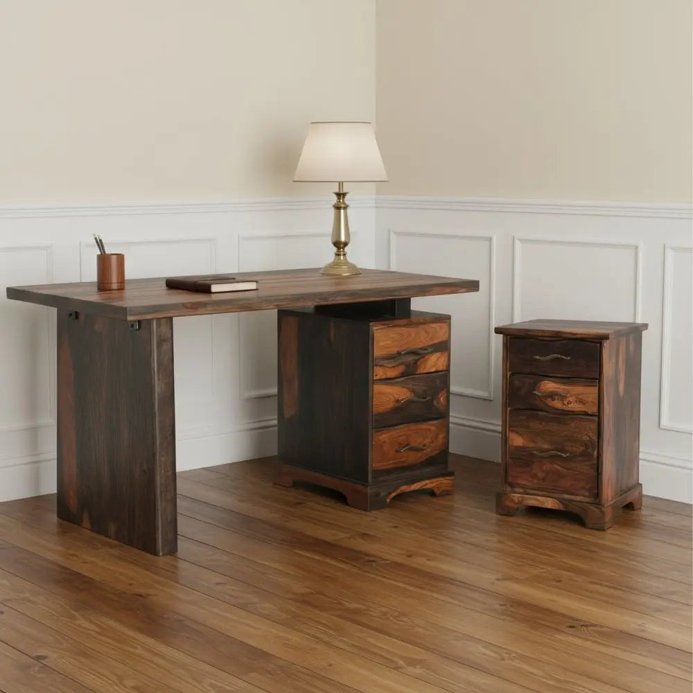 54" Dark Brown Solid Wood Writing Desk and Bookshelf Set With Three Drawers - NOBLE HOME INTERIORS