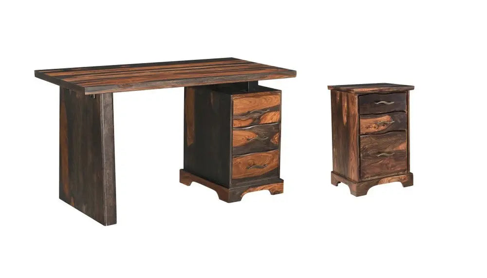 54" Dark Brown Solid Wood Writing Desk and Bookshelf Set With Three Drawers - NOBLE HOME INTERIORS