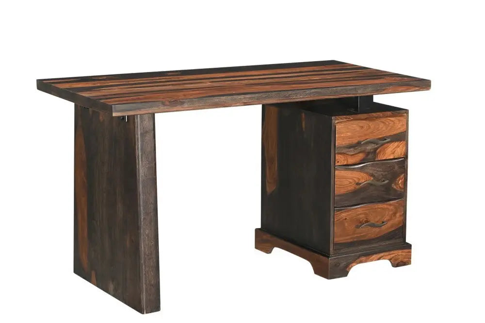 54" Dark Brown Solid Wood Writing Desk and Bookshelf Set With Three Drawers - NOBLE HOME INTERIORS