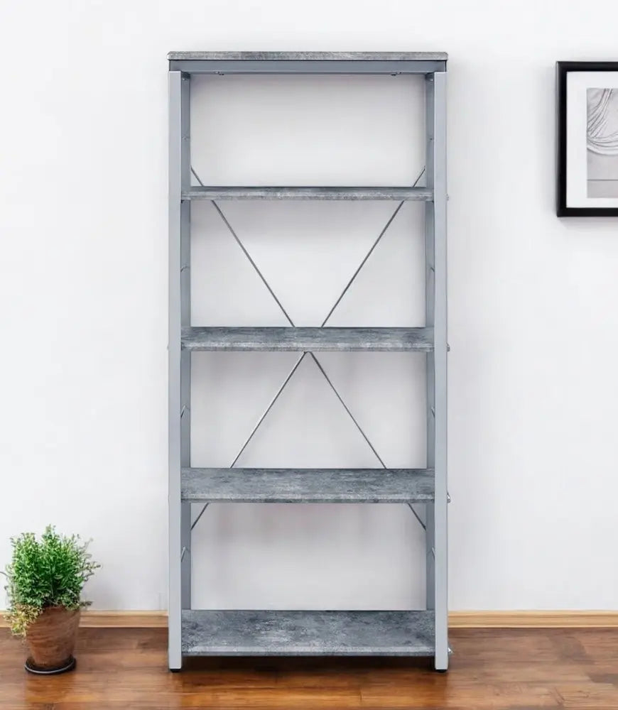 54" Gray And Silver Metal and Wood Four Tier Etagere Bookcase - NOBLE HOME INTERIORS
