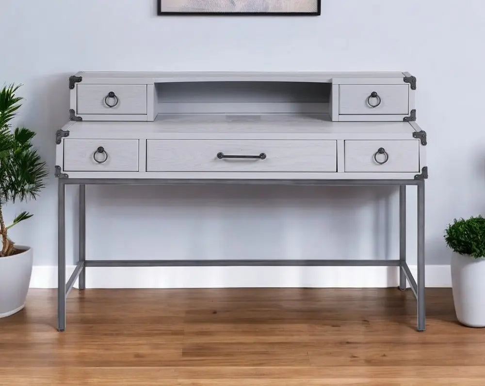 54" Gray Wood Writing Desk With Five Drawers - NOBLE HOME INTERIORS